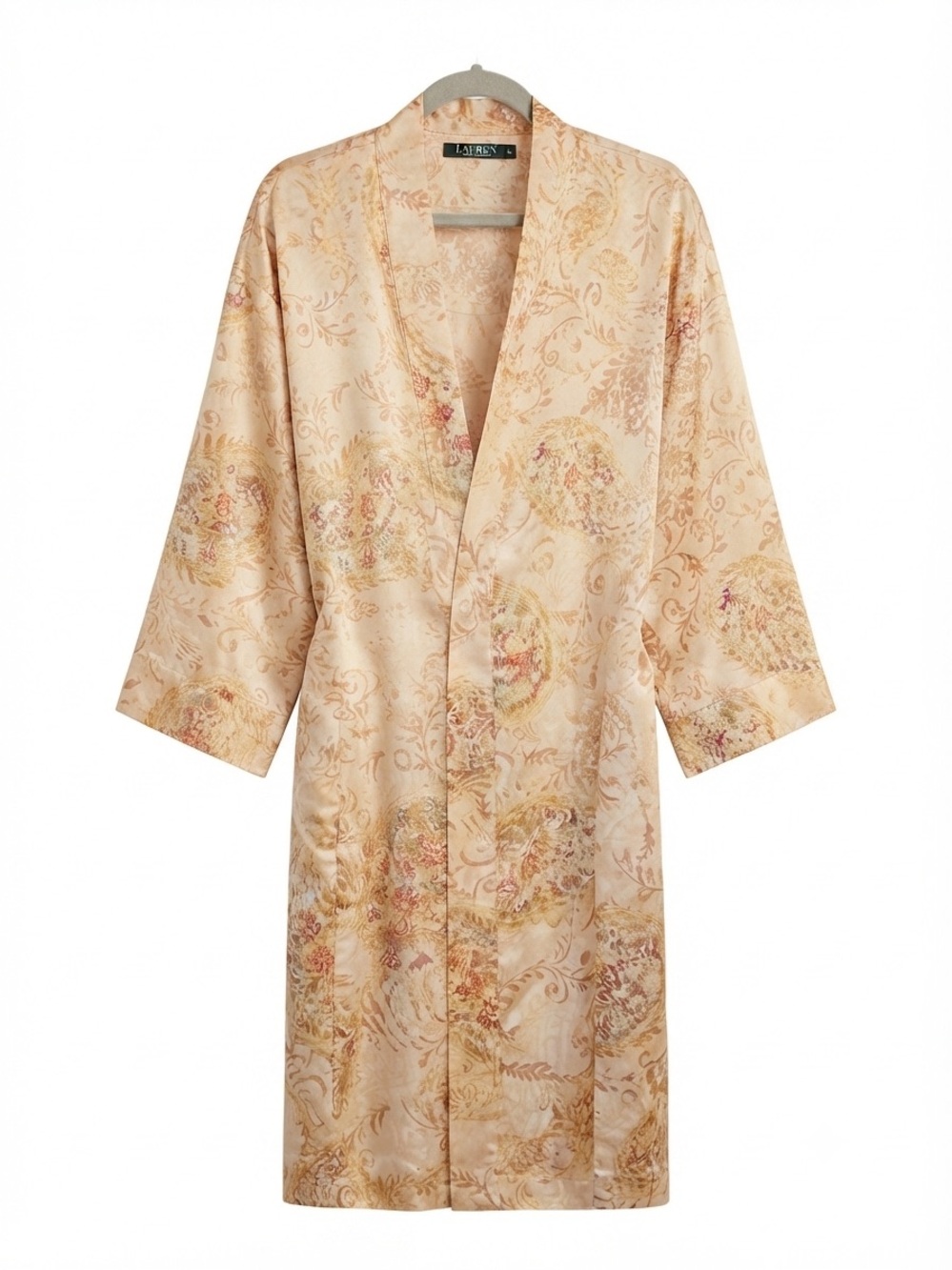 Lauren Ralph Lauren Beige Floral Satin Robe Women Size M Long Sleeve Lounge Wrap